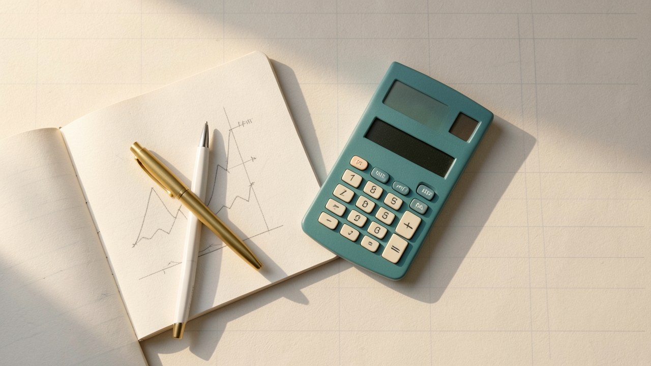 A neatly organized desk with a calculator, a notepad with a pen, and a subtle graph in the background, photographed from above.