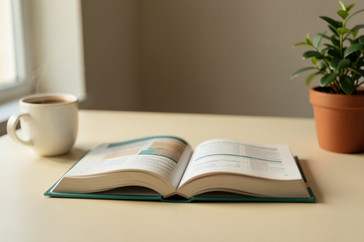 A person reading a financial guidebook on a bright desk with a cup of coffee and a small plant.