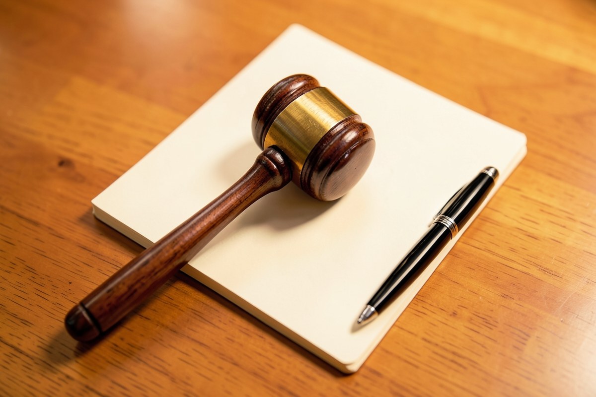 A gavel and a document on a clean desk, representing legal agreements.