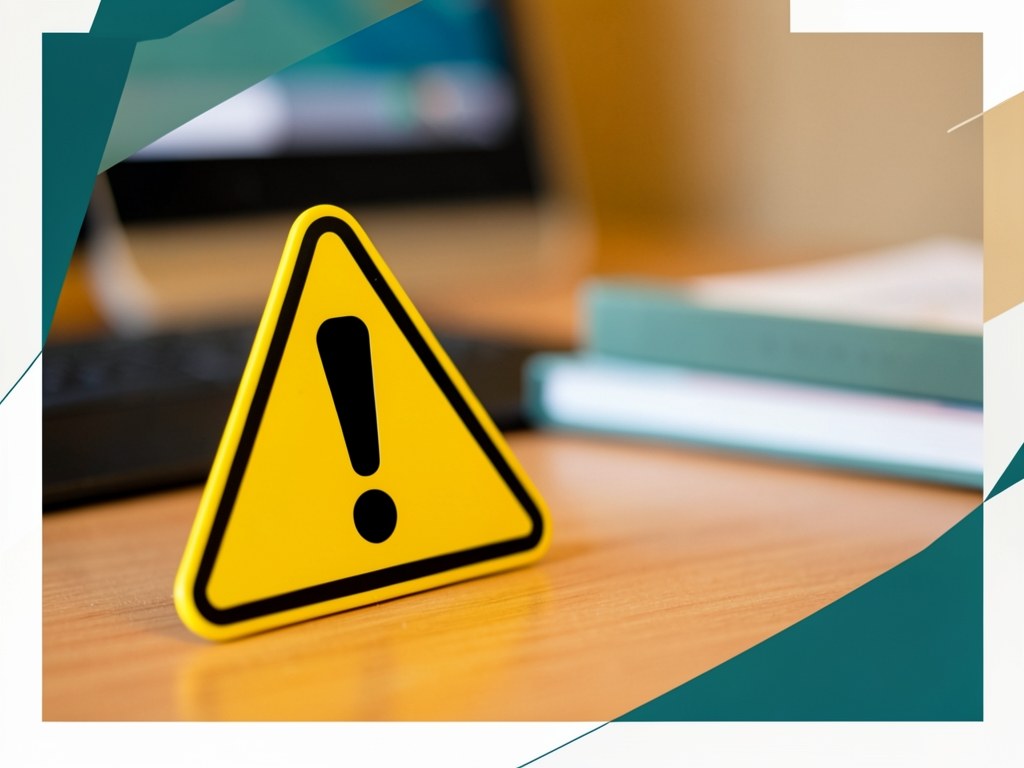 A caution sign with an exclamation mark on a desk, with books in the background, indicating important information.