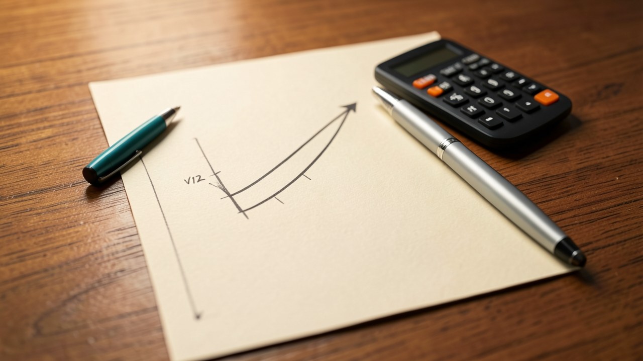 A stylized chart showing a decreasing balance over time, with a pen and calculator, representing amortization.