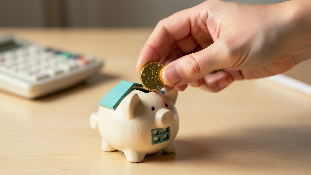 A hand placing a coin into a model house, symbolizing affordability and home buying.