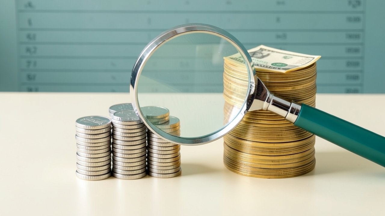 Two different loan options represented by two stacks of money and a magnifying glass, indicating comparison.