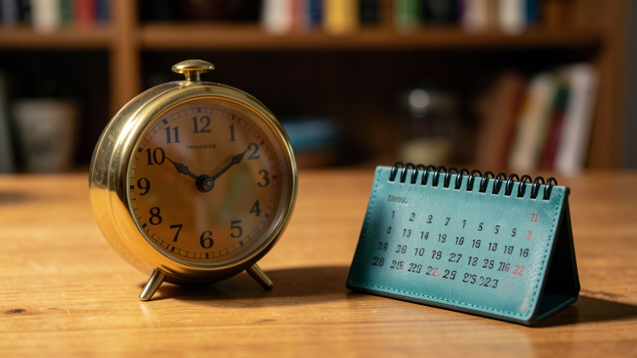 A clock and a calendar on a desk, representing the length of a loan term.