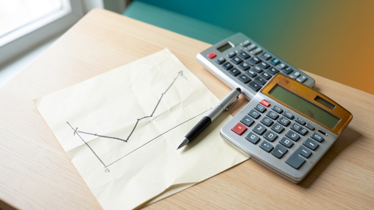 A line graph with an upward trend, with a pen and calculator, representing interest rates over time.