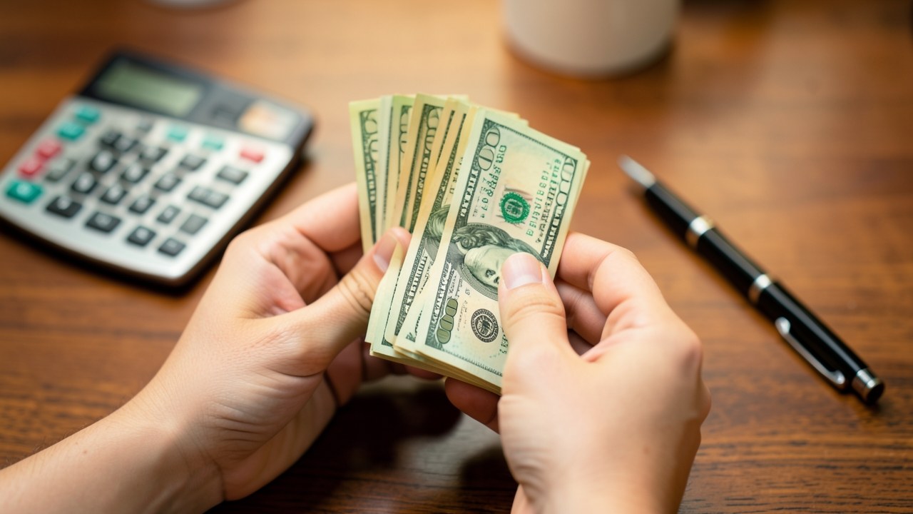 A person holding a stack of dollar bills, symbolizing paying off a loan, with a calculator nearby.