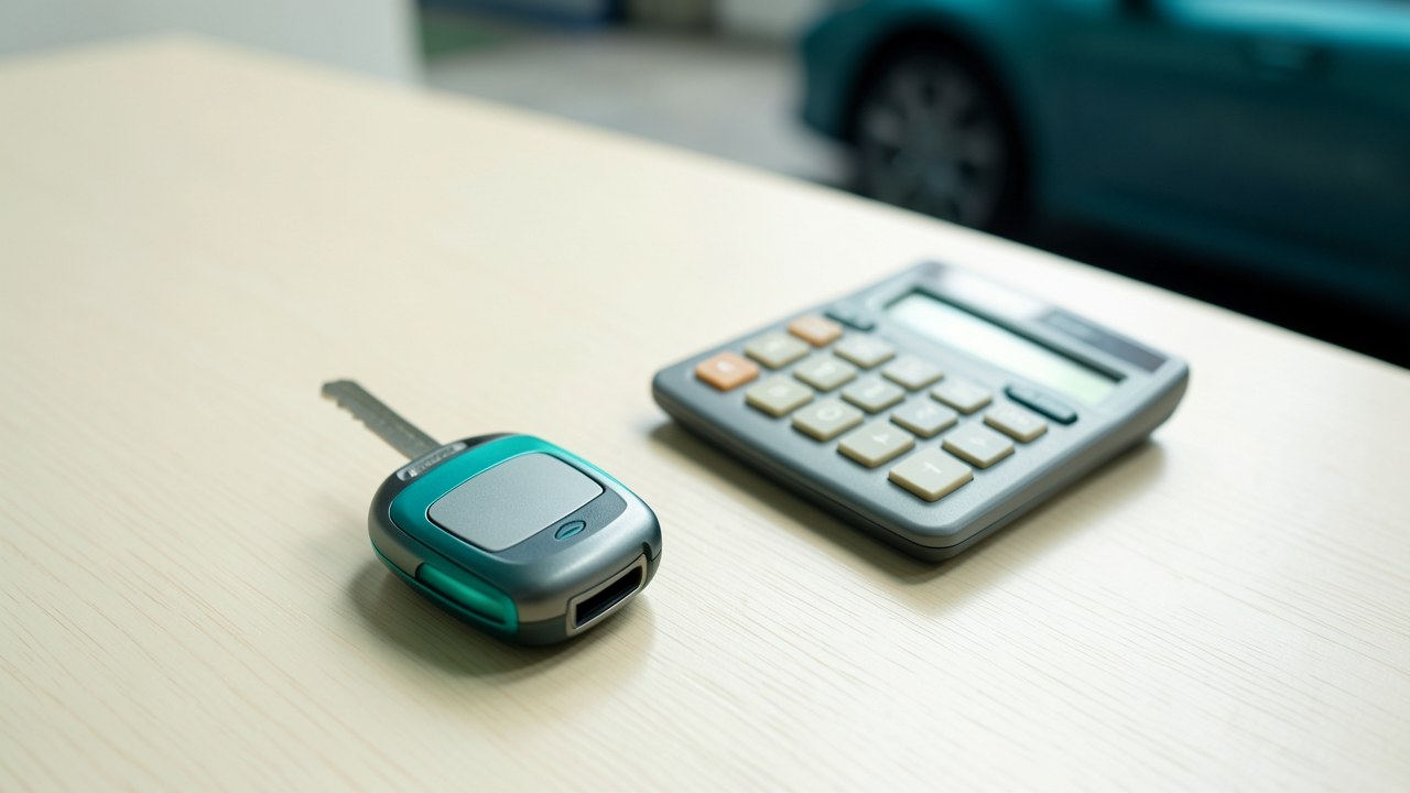 A car key and a calculator on a desk, representing auto loan calculations.