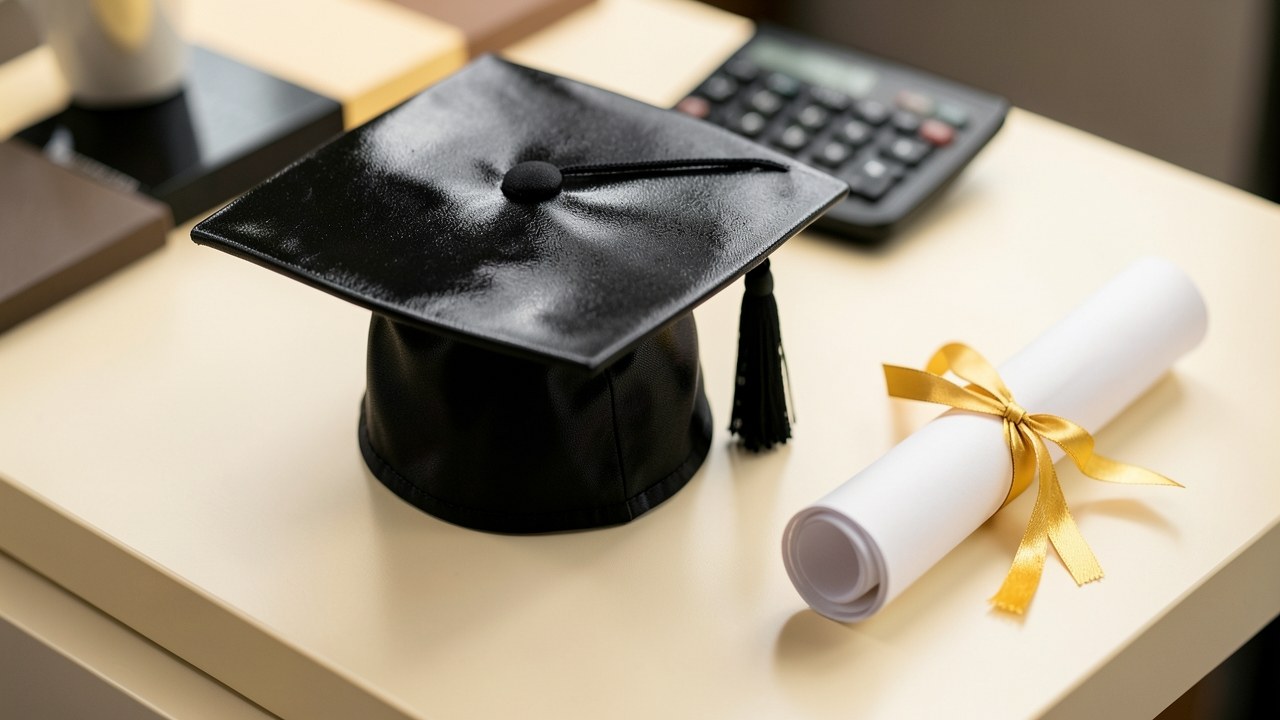 A graduation cap and a rolled diploma on a desk, with a calculator, representing student loans.