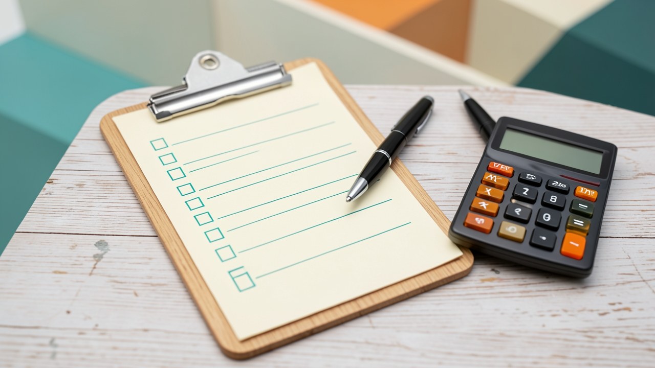 A step-by-step guide represented by a list on a desk with a pen and calculator, explaining how to calculate loan payments.