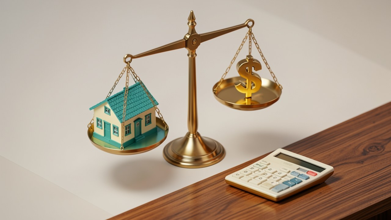 A house and a dollar sign in a balance scale, with a calculator, representing loan amount planning.